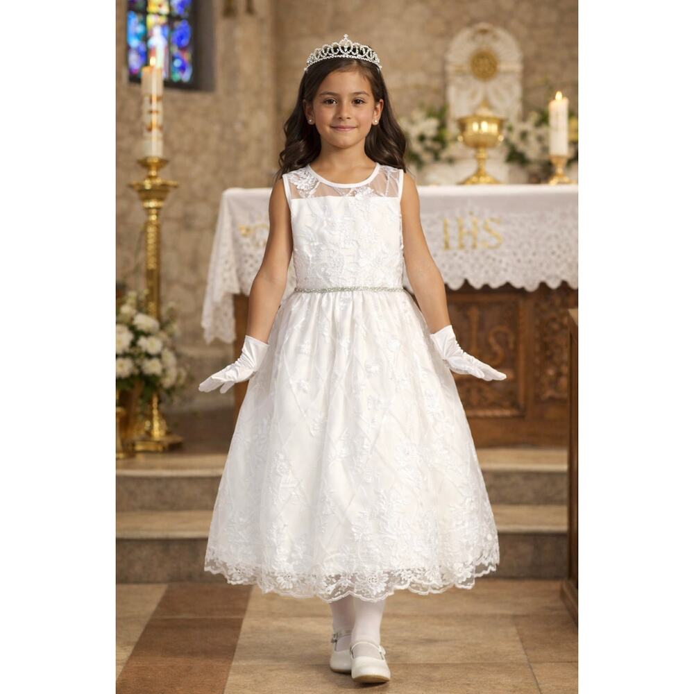 NEW Girls First Holy Communion Dress Size 7 Embroidered Tulle Sequins Tea-Length